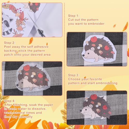 GLOBLELAND 4 Sheets Autumn Animals Water Soluble Embroidery Pattern