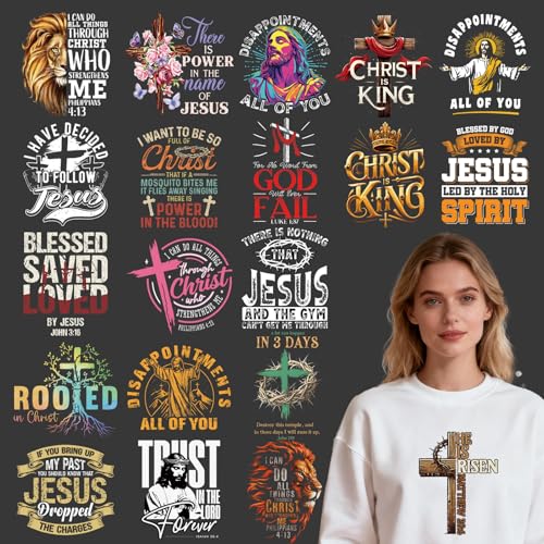 Rngmsi Dtf Transfers Ready to Press - 20 Pcs Christian Iron on Patches for T-Shirts, Bible Verse Iron on Stickers, Religious Heat Transfer Vinyl Decals for DIY Fabric Clothes Decor - style: Christian