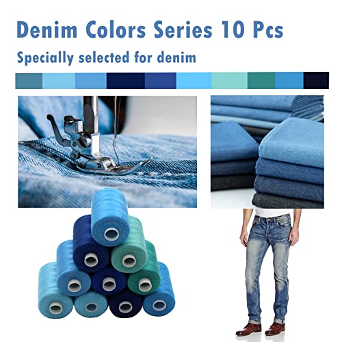 Simthread All Purpose Sewing Thread, 10 Spool Assorted Blue Series 1000 Yards Each Bobbin Polyester Thread for Sewing, Handy Polyester Sewing Threads for Sewing Machine - (Denim Color Series) - color: denim color series