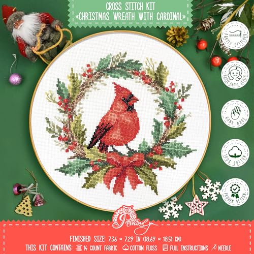 Christmas Wreath with Cardinal Bird - DIY Counted Cross Stitch Kit