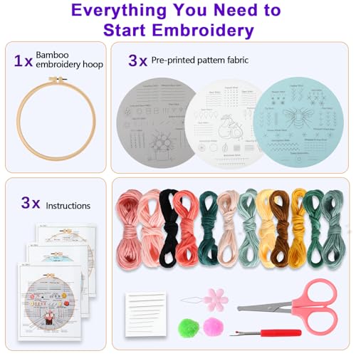 JOINRUN Beginner Embroidery Kit for Adults, 3 Pack with Video Tutorial - color: Bee