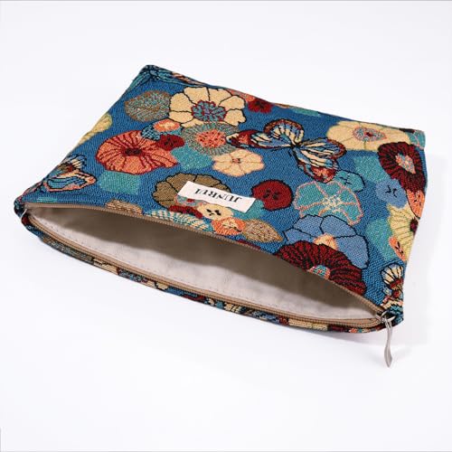 Butterfly Floral Cosmetic Bag Blue Base Zipper Travel Makeup Pouch - color: Flower Garden Blue