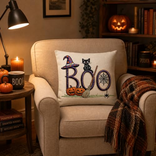 Halloween Witch Cat Pumpkin Linen Throw Pillow Cover 18x18 - color: Pa10061, size: 18" x 18" (Pack of 1)