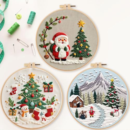 LB Red Christmas Embroidery Kit for Beginners Adults, 3 Sets Hand Embroidery Starter Kit with Santa Pattern and Instructions Stamped Cross Stitch Kits Include Embroidery Hoop Needles Threads Scissors - color: Green Gold