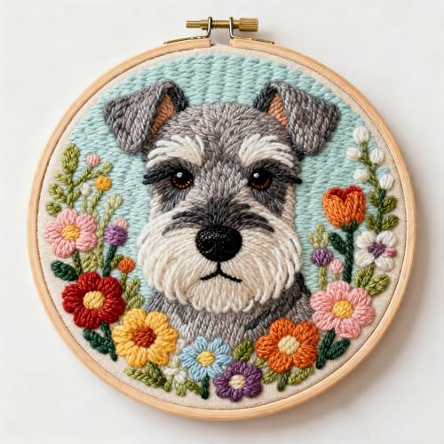 DIY Punch Needle Kits Giant Schnauzer in Flowers 20x20cm