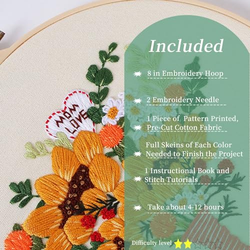 FONNUY Bouquet Flowers Embroidery Kit Love Mom for Beginners, Pre-Stamped Pattern Kits for Adults with Hoop, Easy to Follow Color Thread Needlework, 8'' Hoop (Sunflowers) - color: Sunflowers