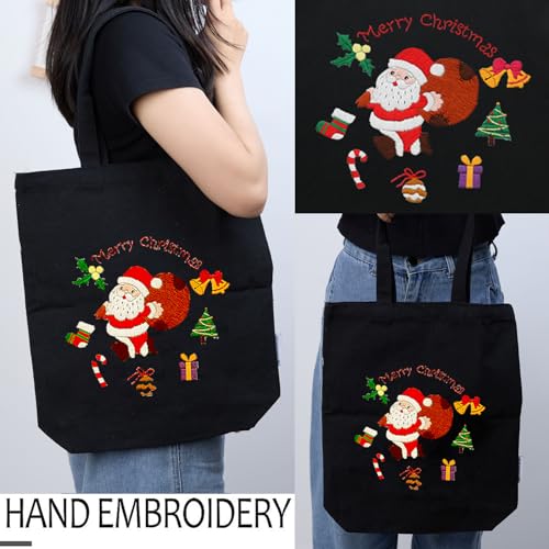 CREAWONDER Canvas Tote Bag Embroidery Kit with Pattern for Beginners, Arts and DIY Embroidery Crafts Kits for Adults, Include Instructions, Thimble, Embroidery Hoops, Color Threads and Tool - color: CR002 SantaClaus