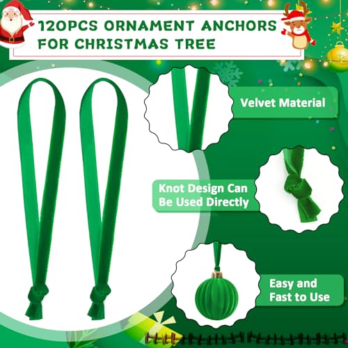 JUNEBRUSHS 120Pcs Velvet Christmas Ornament Ribbon Hangers, Hand Tied Green Velvet Ornament String Loops for Christmas Tree Decorations - color: Green