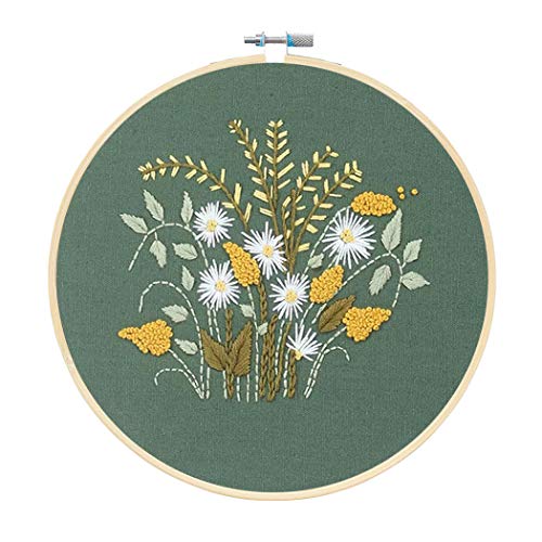 KISSBUTY Full Range of Embroidery Starter Kit with Pattern, Cross Stitch Kit Including Embroidery Fabric with Floral Pattern, Bamboo Embroidery Hoop, Color Threads and Tools Kit (Flowers Plants)
