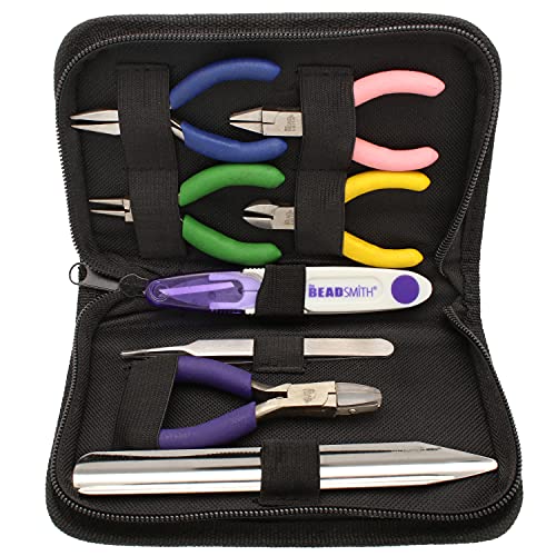 The Beadsmith Mini Color-ID Set – 3”, 8-Pieces Includes: Chain Nose, Round Nose, Side Cutter, Flat Nose, Nylon Jaw Flat Nose, Tweezers, Thread Snippers, Bead Scoop & Canvas Case – For Jewelry Making - size: Mini 8-Piece Set - 3 Inches