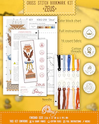 Povitrulya Cross Stitch Bookmark Kit Zeus – Counted DIY Embroidery Set for Adults & Beginners, Ancient Greek Mythology God of Thunder and Sky Needlework Gift - color: Zeus
