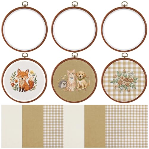 Tudomro 12 Pcs Decorative Embroidery Hoop with Fabric Set 6.7" Round Imitated Wood Cross Stitch Frame & 11.8" Khaki Pre-Cut Cloth Squares for DIY Art Craft Sewing Hanging Ornament - color: Khaki