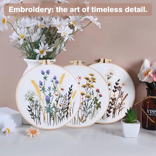 RidaaFri Embroidery Kit for Beginners, 3 Set Flower Pattern Practice Kits