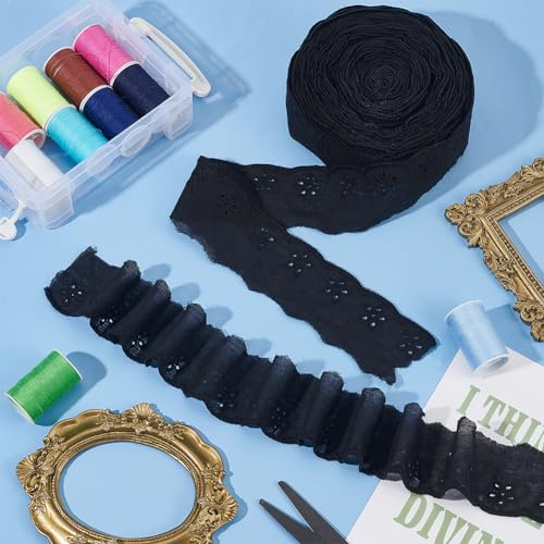 FINGERINSPIRE 15 Yards Cotton Lace Trim 1-5/8 inch Black Cotton Eyelet Lace Ribbon Floral Embroidery Ruffle Lace Trim Wavy Edge Floral Cotton Lace Ribbon for Sewing Dresses Clothes Bag Pets Clothes - color: Black