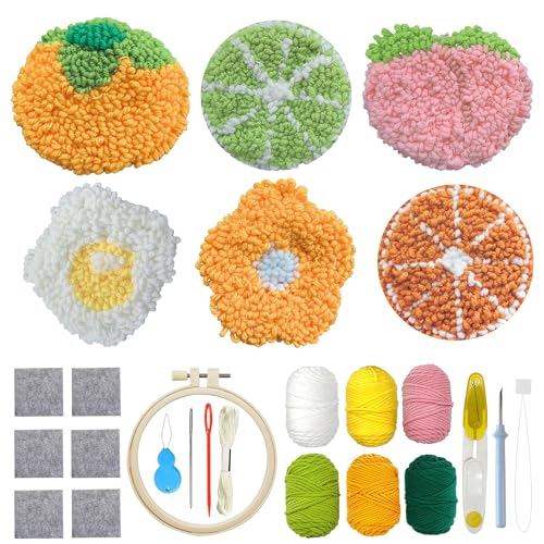 Allazone Punch Needle Coasters Kit, 6 Pattern Embroidery Punch Needle Kits, Punch Embroidery Kit, Fruit Pattern Coasters with Felt Yarns Hoop Tools for DIY Crafts - color: 6PCS Coasters