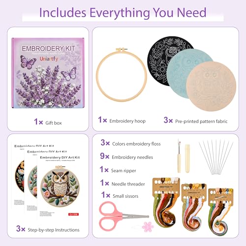 Uniartfy 3 Sets Embroidery Kit for Beginners with Owl Flower Pattern, Hand Needlepoint Kits for Adults, Embroidery Starter Kits with Hoops, Step by Step Video & Instructions, DIY Cross Stitch Kit - color: Embroidery Kit-H