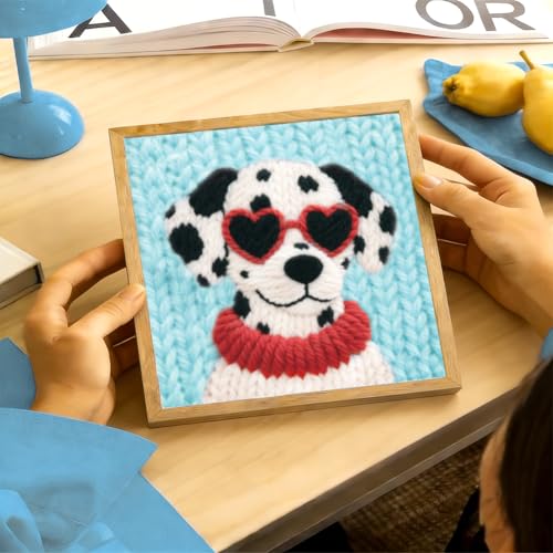 BEUNITONE Dog Punch Needle Kit for Beginners, Animals Starter Embroidery Kits with Frame & Instructions, Needle Felting Kit Poke Art for Adults DIY Handmade Craft for Coasters, Bags, Clothes Decor - color: 06-Spotted Dog