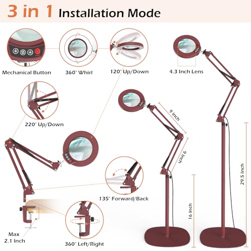 12X Real Glass Magnifying Glass with Light and Stand, LED 5 Color Modes, Stepless Dimmable Magnifying Floor Lamp, 3-in-1 Adjustable Swing Arm Lighted Magnifier Lamp with Clamp for Craft - Red - color: Red