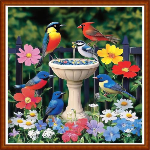 Redxing Counted Cross Stitch Kit for Beginners,Unprinted Needlepoint Kits for Beginners Cross Stitching Embroidery Kit 11CT Stitches kit-Flower Bed Birds 18x18 inch - color: SetColor13