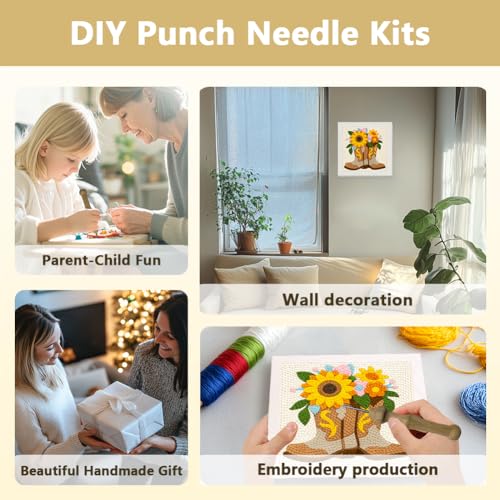 DOODLREAM Western Boots Punch Needle Kit for Beginner, 9.4"x9.4" Sunflower Punch Stitching Craft Set, DIY Embroidery Starter with Printed Frame, Instruction, Threader, Yarn, Pinch Needle - color: Western Boots