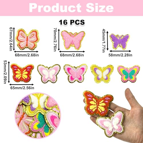 16PCS Butterfly Iron On & Sew On Patches, Chenille Embroidery Appliques - color: 8 Styles