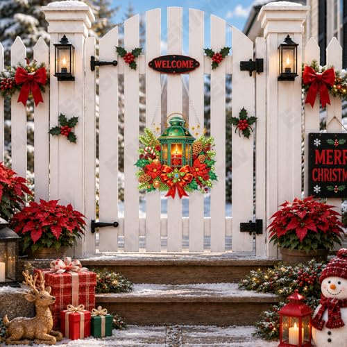 Eiflow Acrylic Christmas Diamond Art Hanging Kit for Adults Lantern, DIY Diamonds Painting Door Hanger Ornament Kit Wreath Crystal Diamond Art Painting Wall Window Hanging Pendant - color: Lantern