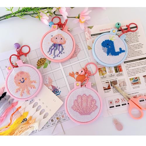 VIGEGU 8 Pack Stamped Cross Stitch Kits for Kids Beginners with Frame - color: Ocean Animal