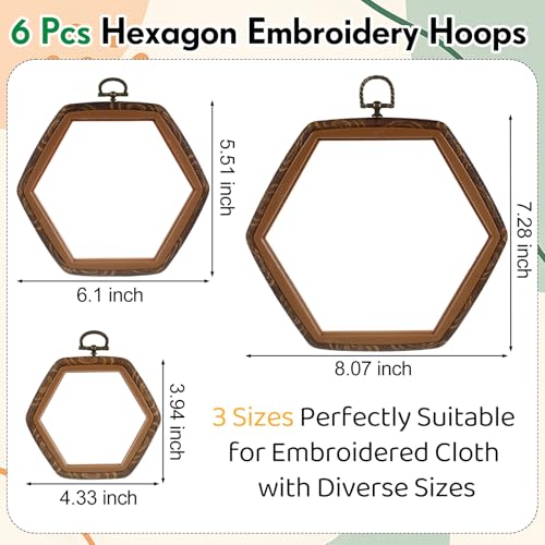 BrightRow 6 Pcs Large Embroidery Hoop Set Decorative Imitated Wood Display Frame Cross Stitch Hoop Ring for Art Craft DIY Sewing and Hanging Ornaments Decor(Hexagon,10.5+15.5+21 cm) - size: 10.5+15.5+21 cm, style: Hexagon