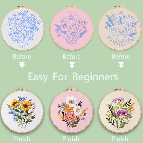 Ohcol 3 Sets Embroidery Kit for Beginners Cross Stitch Kits Needlepoint Kits Crafts for Adults with 3 Embroidery Hoops Easy-to-Follow Operating Instructions,Needle Point Kits with Flowers Patterns - color: Flowers (3 Patterns, 3 Hoops + Extas)