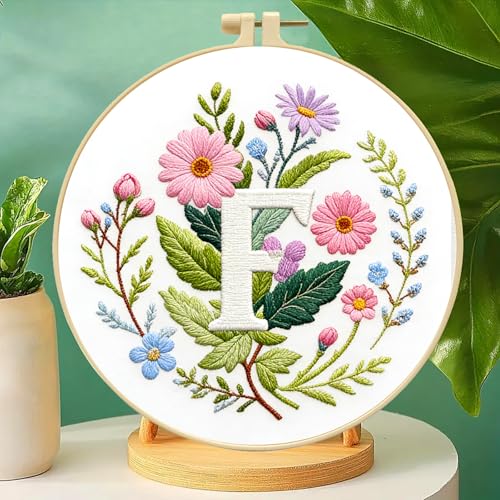 Zhenqing Letter F Embroidery Kit for Beginners, Pre-Printed 29x29cm Cotton Fabric with 20cm Hoop, Elegant Floral Monogram Design for Home Decor (C0089)