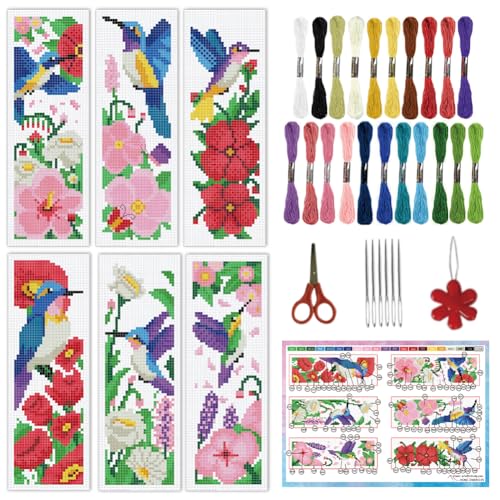 INFUNLY 6pcs Hummingbirds Cross Stitch Bookmark Kit for Adults Beginners Flowers DIY Cross Stitch Kits Pre-Printed Plants Stamped Embroidery Bookmark Kit with Instruction for Book Lovers Readers - style: Hummingbirds