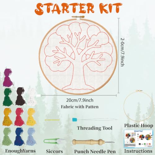 BEUNITONE 2PCS Punch Needle Kit for Adults Beginners, Rainbow Tree of Life Needlepoint Crafts Kit for Adults, Complete Embroidery Starter Kit with Pre-Print Pattern and Hoop for Home Decor 7.9"x7.9" - color: 11-Colorful Tree
