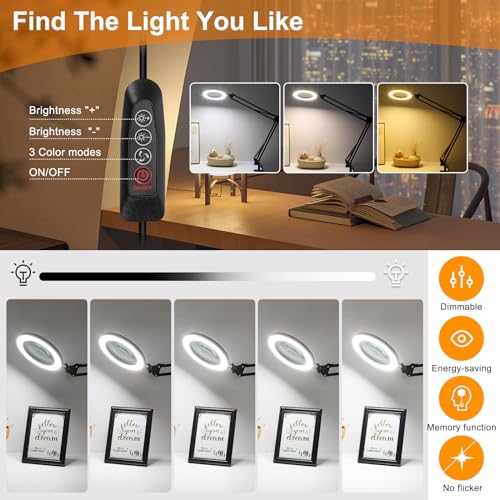 Large 15X Magnifying Glass with Light, 5 in Real Glass Stand Lighted Magnifier, 3 Color Modes Steepless Dimmable LED Magnifying Desk Lamp with Clamp, Hands Free for Close Work Crafts Hobby