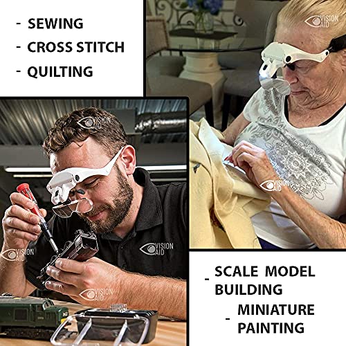 Vision Aid Magnifying Glasses with LED Light, 5 Lenses, Headband, Storage Case | Hands Free Lighted Head Mount Magnifier for Hobby Crafts Macular Degeneration Cross Stitch Diamond Painting Close Work - style: USB Rechargeable - Expert Set