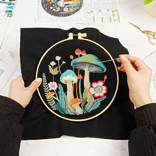 Mushroom Embroidery Kit for Beginners Adults, Stamped Hand Embroidery Kit, Embroidery Starter Kit with Floral and Mushroom Design, Cross Stitch Kits with Printed Embroidery Cloth and Embroidery Tools - color: Black Multi