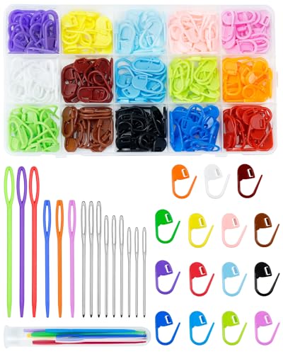 FIVEIZERO 220/900 Pieces Stitch Markers,with 15 Pcs Large Eye Blunt Sewing Needles,Colorful Crochet Stitchs Markers for Knitting Stitch Locking Clips Crochet Pins with Storage Box - size: 220PCS