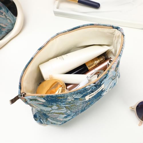 2 Pcs Aesthetic Oil Painting Blue Floral Cosmetic Bag Travel Makeup Pouch - color: Flower Blue