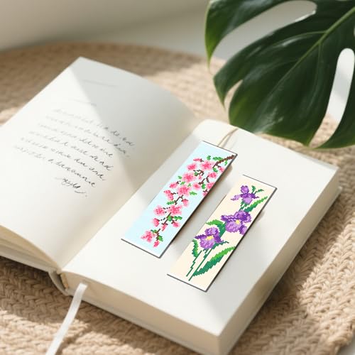 FREEBLOSS 6 Set Cross Stitch Bookmark Kit 6-Colored Flowers Pattern Stamped Cross Stitch Kit 11CT Embroidery Kits with Instructions for Beginners Adult 20x6cm/8x2.4inch - style: Flower Branches 2