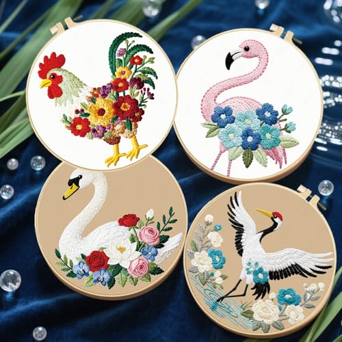 FREEBLOSS 4 Set Embroidery Kit Animals Pattern Stamped Embroidery Starter Kit with Step by Step Instructions, Colored Threads, 2 Hoops, Needlepoint Kits for Hand Craft Lovers Gift, 30cm/11.8inch - style: Birds&Flowers
