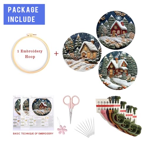 EOBTAIN 3 Pcs Winter Christmas Embroidery Kit for Beginners,Christmas Village Embroidery Starter Kit Green Xmas Tree Snow Scene Stamped Patterns with Hoop,Thread,Needles,Hand DIY Craft Kits for Adults - color: Green