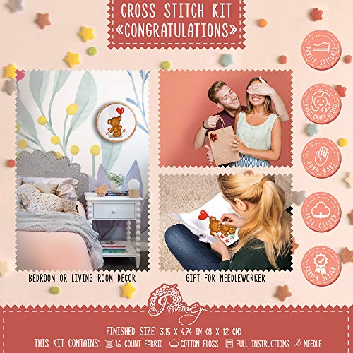 Povitrulya Cross Stitch Kit for Baby Boy “Congratulations!” - Teddy Bear Embroidery Set fors - color: Congratulations!