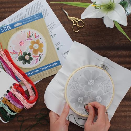 LEISURE ARTS Embroidery Kit 6" Fancy Flowers - Embroidery Kit for Beginners and Adults, Cross Stitch Kits with Patterns, DIY Starter Set for Seasonal Craft Projects