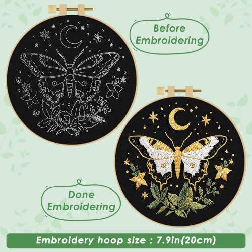 ERKOON Embroidery Kit for Beginners Adult Cross Stitch Set Include Embroidery Cloth Hoop Threads for Craft Lover Hand Stitch with Embroidery Skill Techniques (Moon Butterfly) - color: Moon Butterfly