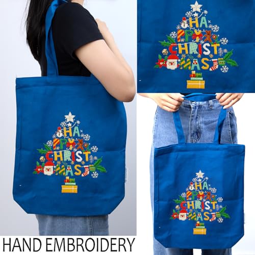 CREAWONDER Canvas Tote Bag Embroidery Kit with Pattern for Beginners, Arts and DIY Embroidery Crafts Kits for Adults, Include Instructions, Thimble, Embroidery Hoops, Color Threads and Tool - color: CR002 Christmas tree darkblue