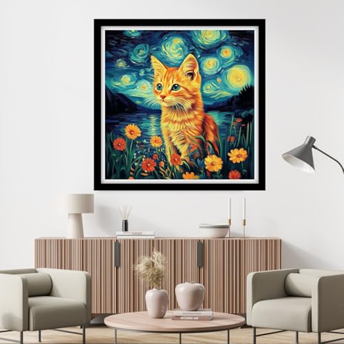 Fanxvivy Counted Cross Stitch Kits for Adults 11CT Unprinted Cross-Stitch Patterns Embroidery Kits Easy Cross Stitching Needlepoint Kits&Moon Night Star River Cat 18x18 inch - color: DIY-craft14