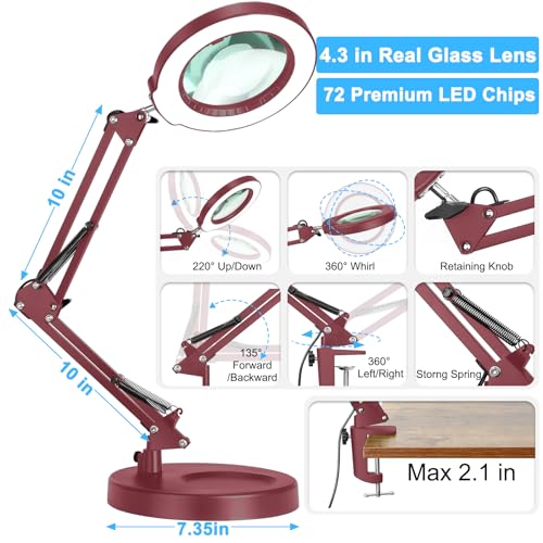 Coyeth 12X Magnifying Glass with Light and Stand, 5 Color Modes Stepless Dimmable 2-in-1 Lighted Magnifier with Clamp, LED Desk Lamp Hands Free for Crafts Hobby Reading Painting Sewing Close Work Red - color: Red, size: 12X 20inch Base & Clamp