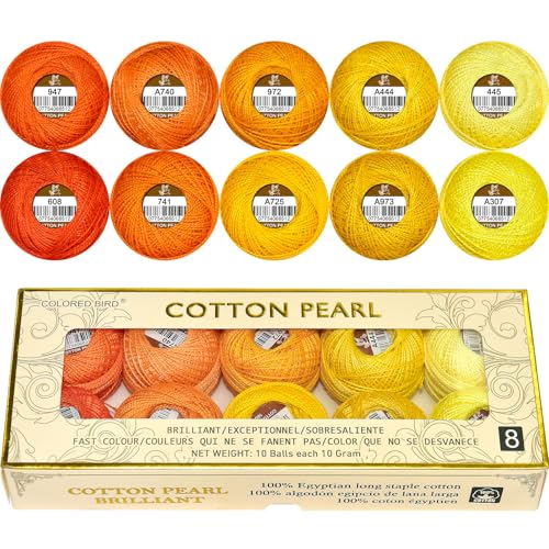 Double Mercerized Egyptian Long Staple Cotton Pearl Thread Ball 10 Grams Rainbow Color Embroidery Thread 10 Colors per Box for Crochet Hardanger Cross Stitch Hand Embroidery,Orange Series - color: orange series