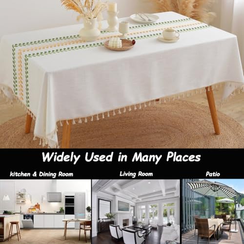 AMZALI Table Cloth Embroidery Leaf Pattern Wrinkle Free Heavy Weight Cotton Linen Farmhouse Tablecloth Decorative Fabric Tassel Table Cover for Outdoor and Indoor Use (Rectangle,55 x 102 Inch) - color: Color Leaf, size: 102" x 102" (Rectangular)