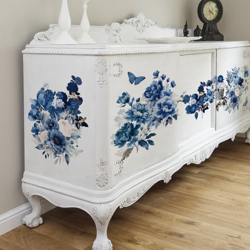 Floral Rub on Transfer for Furniture Wood Glass DIY - color: Blue Poney
