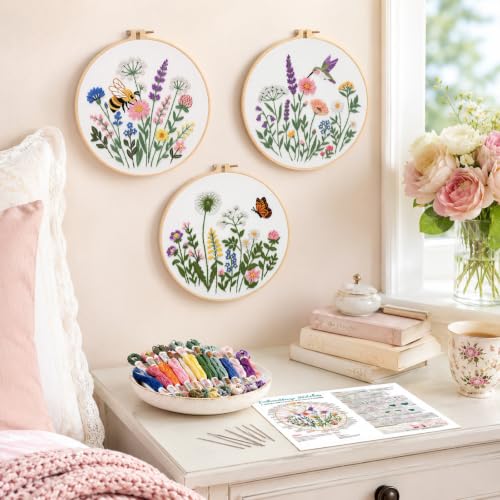 Nuberlic Embroidery Kit for Beginners, 3 Pack Floral Stamped Embroidery Starter Kit with Hoop, Pre Printed Flower Patterns, Threads, Needles and Step by Step Instructions, DIY Needlework Gift - color: flower